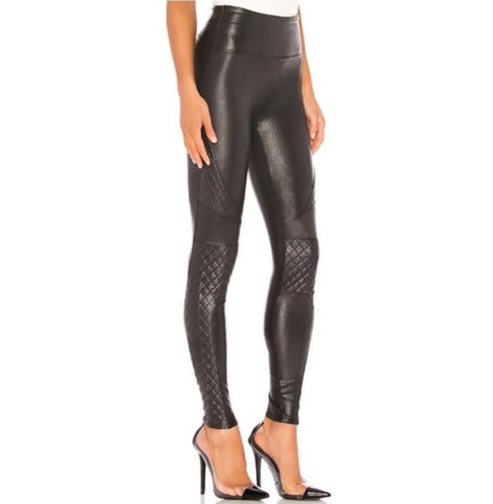 SPANX Faux Leather Moto Leggings Womens Large Black Quilted Stretch Skinny